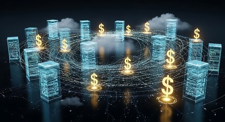 Digital currency concept featuring financial technology and blockchain network with dollar signs