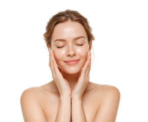 Radiant woman demonstrating skincare routine touching face enjoying self-care natural beauty with eyes closed beautiful complexion serene expression gentle touch peaceful calm