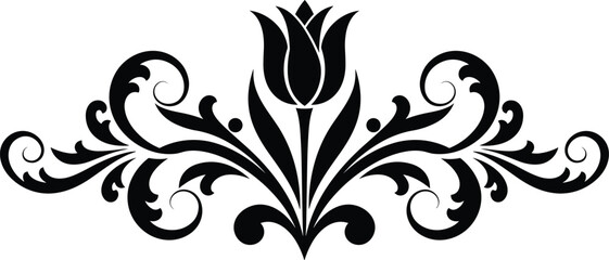 Floral ornament design, decorative flower silhouette vector, elegant vintage pattern with tulip and swirls, black ornamental divider for invitations, frames, borders