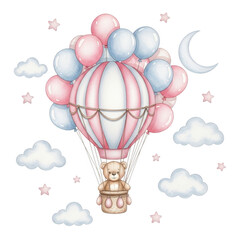 Teddy bear in hot air balloon isolated on transparent background