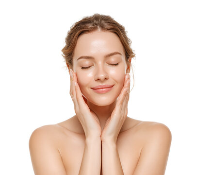 Radiant woman demonstrating skincare routine touching face enjoying self-care natural beauty with eyes closed beautiful complexion serene expression gentle touch peaceful calm
