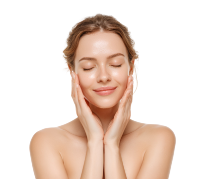 Radiant woman demonstrating skincare routine touching face enjoying self-care natural beauty with eyes closed beautiful complexion serene expression gentle touch peaceful calm