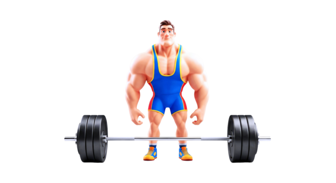 cartoon weightlifter intense focus, powerful pose, ready to lift, strength and determination, 3d animation asset, isolated on transparent background