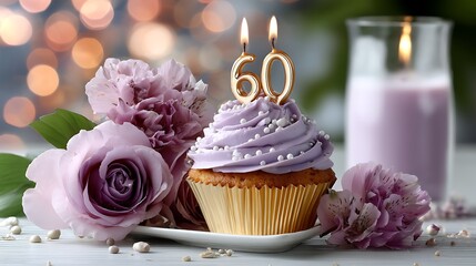 Elegant 60th Birthday Cupcake with Flowers and Candles in Soft Focus Background