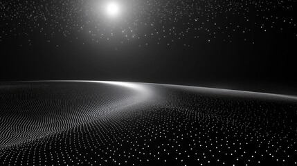 An abstract black and white landscape of a digital field of glowing particles under a bright star.

