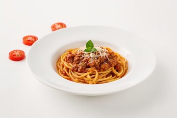 White plate holding pasta with Bolognese sauce