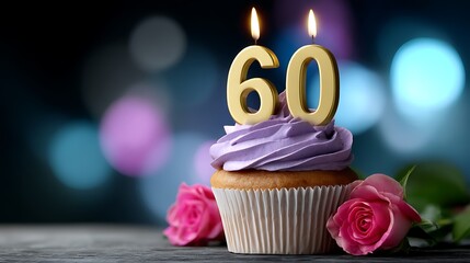 Elegant cupcake with candles for 60th birthday celebration with roses and soft bokeh