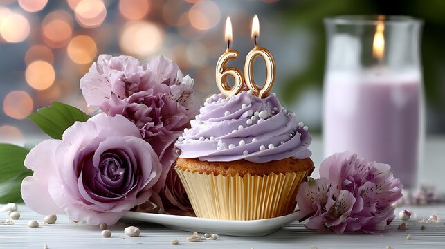 Elegant 60th Birthday Cupcake with Flowers and Candles in Soft Focus Background