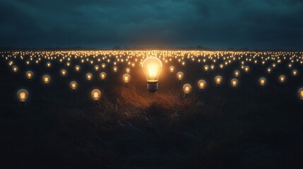 A singular light bulb glowing in a field of many other unlit bulbs.

