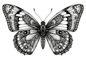 Ornate Black and White Butterfly Illustration Detailed Wing Pattern isolated on transparent background