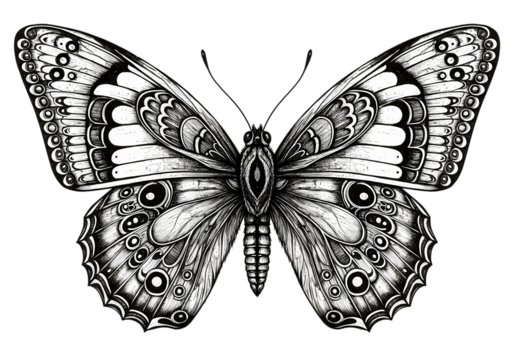 Ornate Black and White Butterfly Illustration Detailed Wing Pattern isolated on transparent background