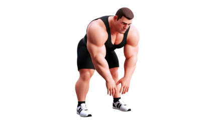 powerful cartoon weightlifter intense focus, ready stance, strength and determination, isolated on transparent background