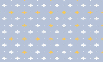 Simple seamless pattern with minimalist damask or fleur-de-lis shapes, Cute and elegant kids background with tiny ornaments in pastel blue, yellow, and white