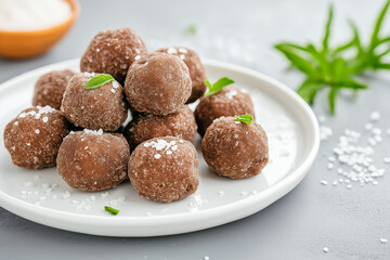 Delicious dessert with chocolate truffles and sweet salted cocoa gourmet cuisine on plate