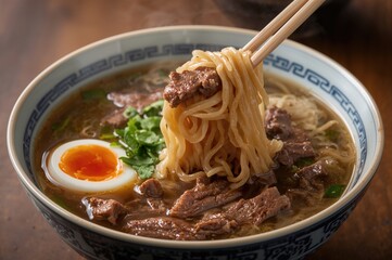 Close-up of beef noodle soup being eaten with chopsticks