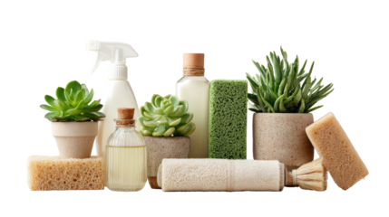 Assorted cleaning supplies and succulents in neutral tones.  A spray bottle, cleaning solution bottles, sponges, and plant pots are arranged together