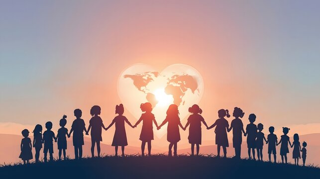 Silhouette of children holding hands around a glowing globe shaped like a heart, symbolic illustration of global child health