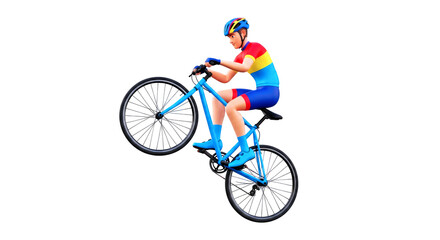 Fototapeta premium 3d cartoon cyclists daring wheelie a thrilling display of balance and skill, isolated on transparent background