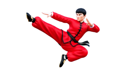 3d cartoon kung fu master red jumpsuit, flying kick, martial arts action, dynamic pose, focused determination, isolated on transparent background