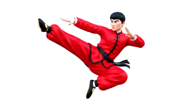3d cartoon kung fu master red jumpsuit, flying kick, martial arts action, dynamic pose, focused determination, isolated on transparent background - Powered by Adobe