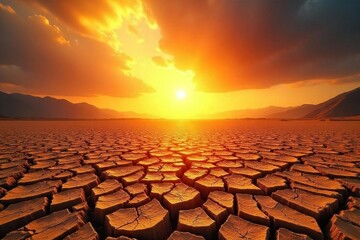 Intense sunlight beats down on a parched, cracked earth, highlighting the dangers of extreme heat and drought  A stark warning of climate change's impact on the landscape ,  sunshine,  soil