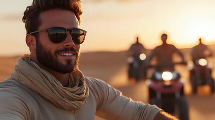 Young bearded man wearing sunglasses and scarf smiling during sunset quad bike desert safari adventure with group of riders in background. Perfect for tourism ads.