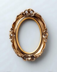 Ornate vintage golden oval frame with baroque style decorative elements and floral patterns on light gray background, isolated for design projects.