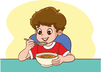 vector illustration of boy drinking a bowl of soup at the table
