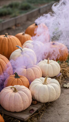 White and orange pumpkins resting on straw, surrounded by drifting purple smoke, creating an eerie and enchanting halloween backdrop perfect for autumn celebrations and festive decor