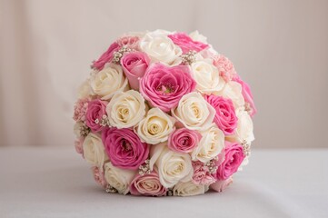 Wedding bouquet with pink and white roses and ranunculus flowers