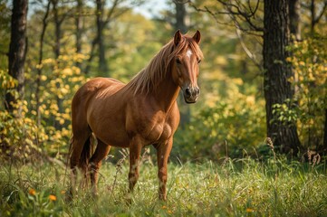 Obraz premium Chestnut-colored horse standing amidst forest trees
