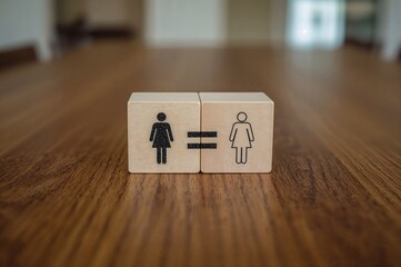Symbol of gender equality with a rotated cube transforming an inequality sign into an equality sign between male and female icons, set against an elegant wooden table background with ample copy space.