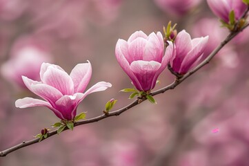 Close-up of a blooming pink magnolia branch with blurred background for home decoration and botanical wallpaper, featuring ample copy space.