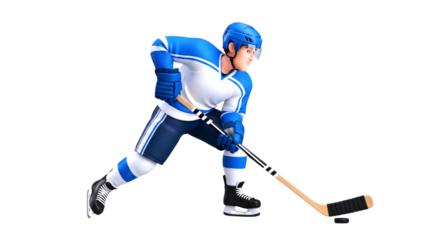 3d cartoon hockey player intense stickhandling, dynamic action pose, competitive spirit, isolated on transparent background
