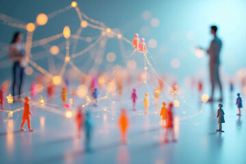 Clean 3D rendering of a human-icon social connection network showing people avatars linked together in an interconnected system symbolizing communication, teamwork, community, and digital interaction.