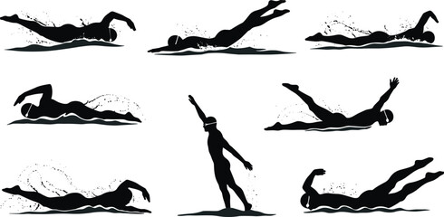 Swimming silhouette vector set, athletes training in water, freestyle stroke, butterfly, backstroke, breaststroke, fitness exercise, competition illustration design