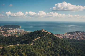 Aerial view of a coastal city and the sea