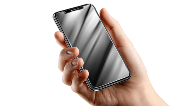 Hand Holding Smartphone: A close-up shot of a hand gently cradling a sleek, modern smartphone. The device's screen reflects light, suggesting a world of information and connection at one's fingertips.