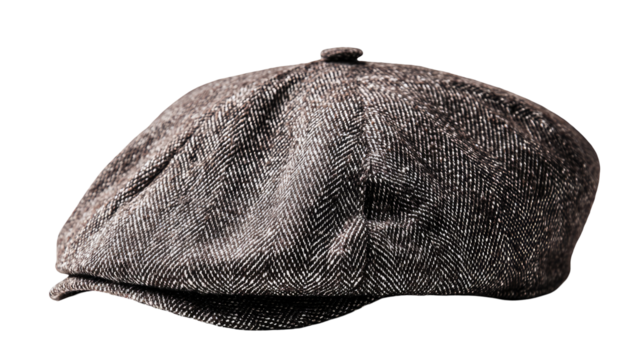 Close-up of a gray newsboy cap
