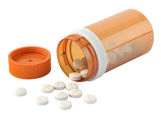 Photorealistic 3 D rendering of an amber plastic pill bottle with a ribbed orange cap several white scored pills spilling out onto a black... isolated on a transparent background