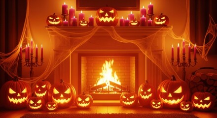 Spooky halloween pumpkins and candles adorn a fireplace mantel scene