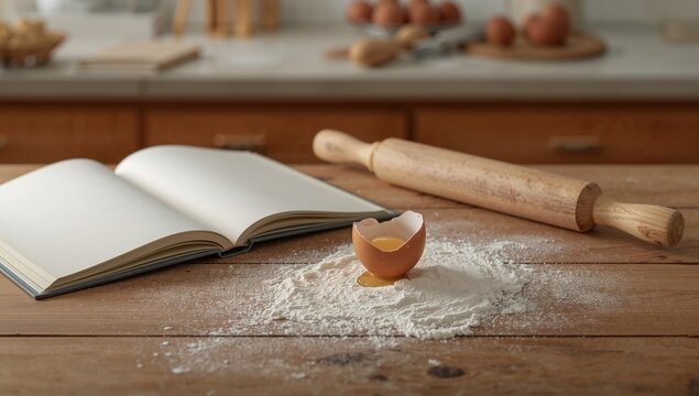 Blank cookbook with baking ingredients: eggshell, flour, rolling pin on a kitchen surface. Space available for text.