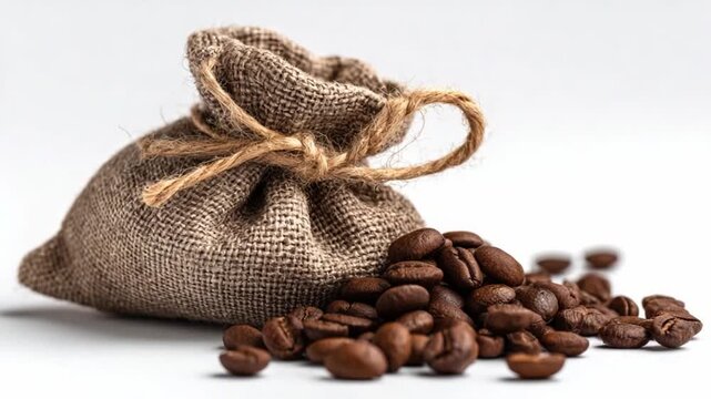 Coffee Beans in a Rustic Sack: A naturalistic shot of aromatic coffee beans spilling from a rustic, knotted sack. The coffee beans and sack offer a feeling of warmth.