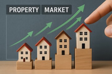 Property market growth, represented by model houses with a rising graph. 