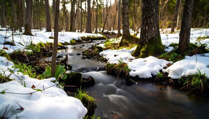 A tranquil woodland stream meanders through a snowy forest floor, dappled sunlight illuminating the icy banks and vibrant new growth.