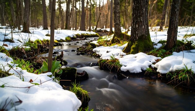 A tranquil woodland stream meanders through a snowy forest floor, dappled sunlight illuminating the icy banks and vibrant new growth. - Powered by Adobe