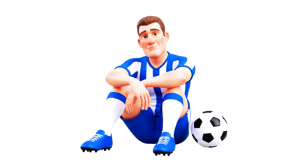3d cartoon soccer player contemplative pose, peaceful moment, blue uniform, isolated on transparent background