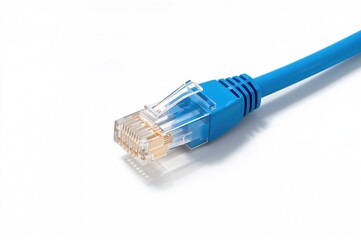 Close-up of a blue Ethernet cable for computer networking on a white backdrop
