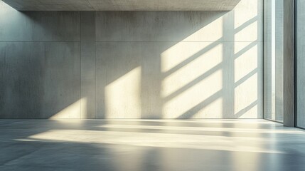 Obraz premium A minimalist interior space with concrete walls and sunlight creating geometric shadows on the floor.