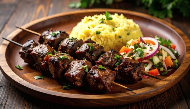 Kenyan nyama choma grilled goat meat skewers served with ugali (maize porridge) and kachumbari salad on a wooden platter